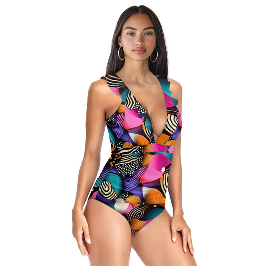 Women's Ruffled Lace Up One-Piece Swimsuit