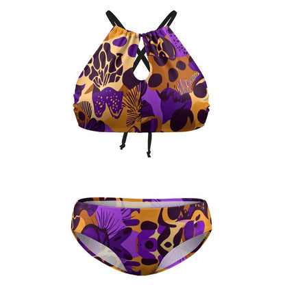 Plus Size Women's Two piece Swimsuit with High Neck Halter Top BK2040 (All-Over Printing)