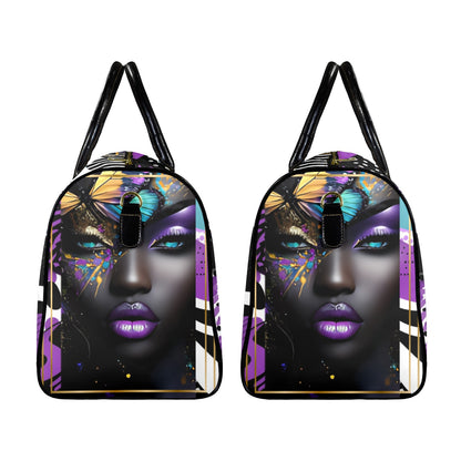 Purple and Gold AfroCentric Travel Bag Leather Travel Bag-Large (Short Patch) (1735)