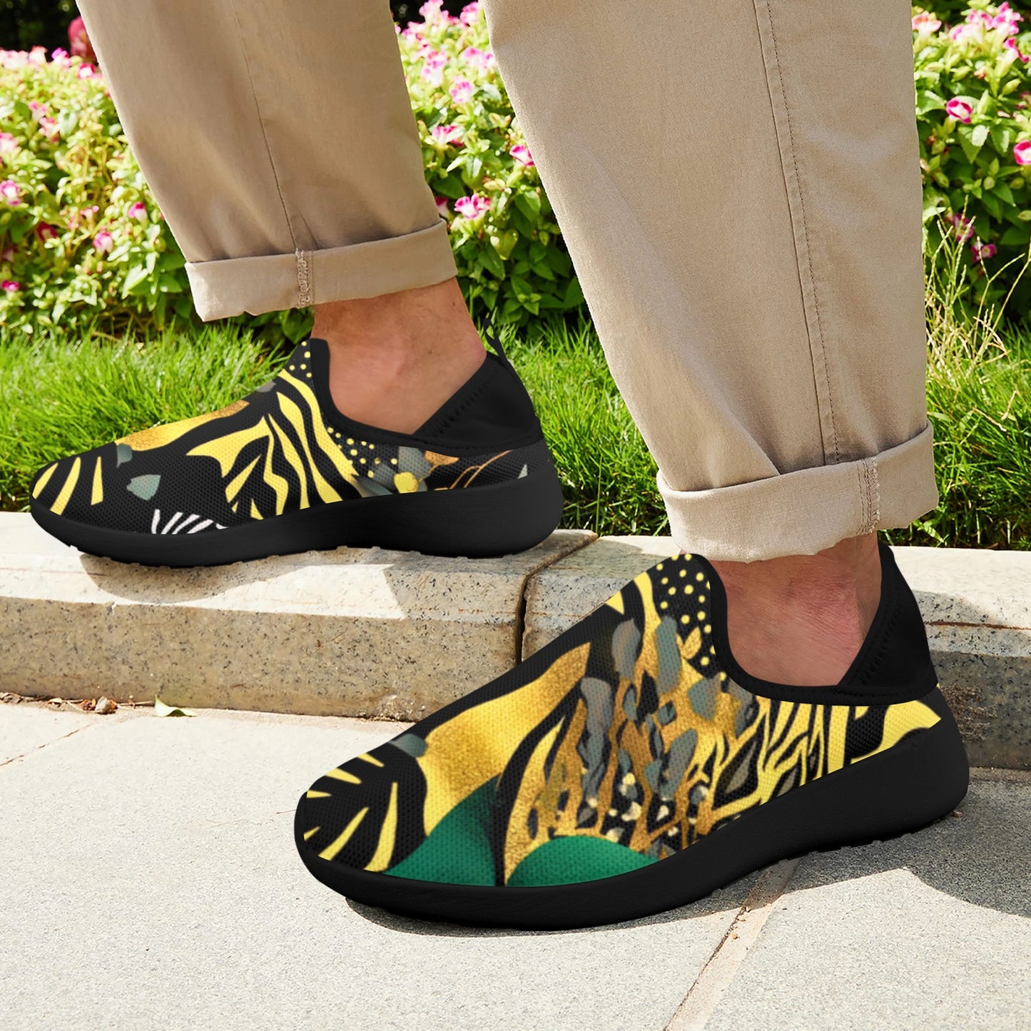 Golden Zebra Green Camo Pattern Men's Fly Weave Drop-In Heel Sneakers Fly Weave Drop-in Heel Sneakers for Men (Model 02002)