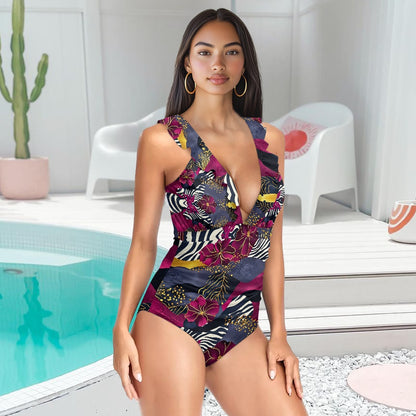 Women's Ruffled Lace Up One-Piece Swimsuit