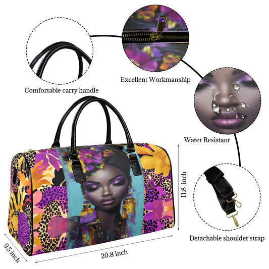 Purple and Gold AfroCentric Travel Bag Leather Travel Bag-Large (Short Patch) (1735)