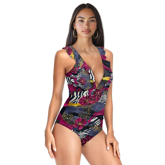 Women's Ruffled Lace Up One-Piece Swimsuit